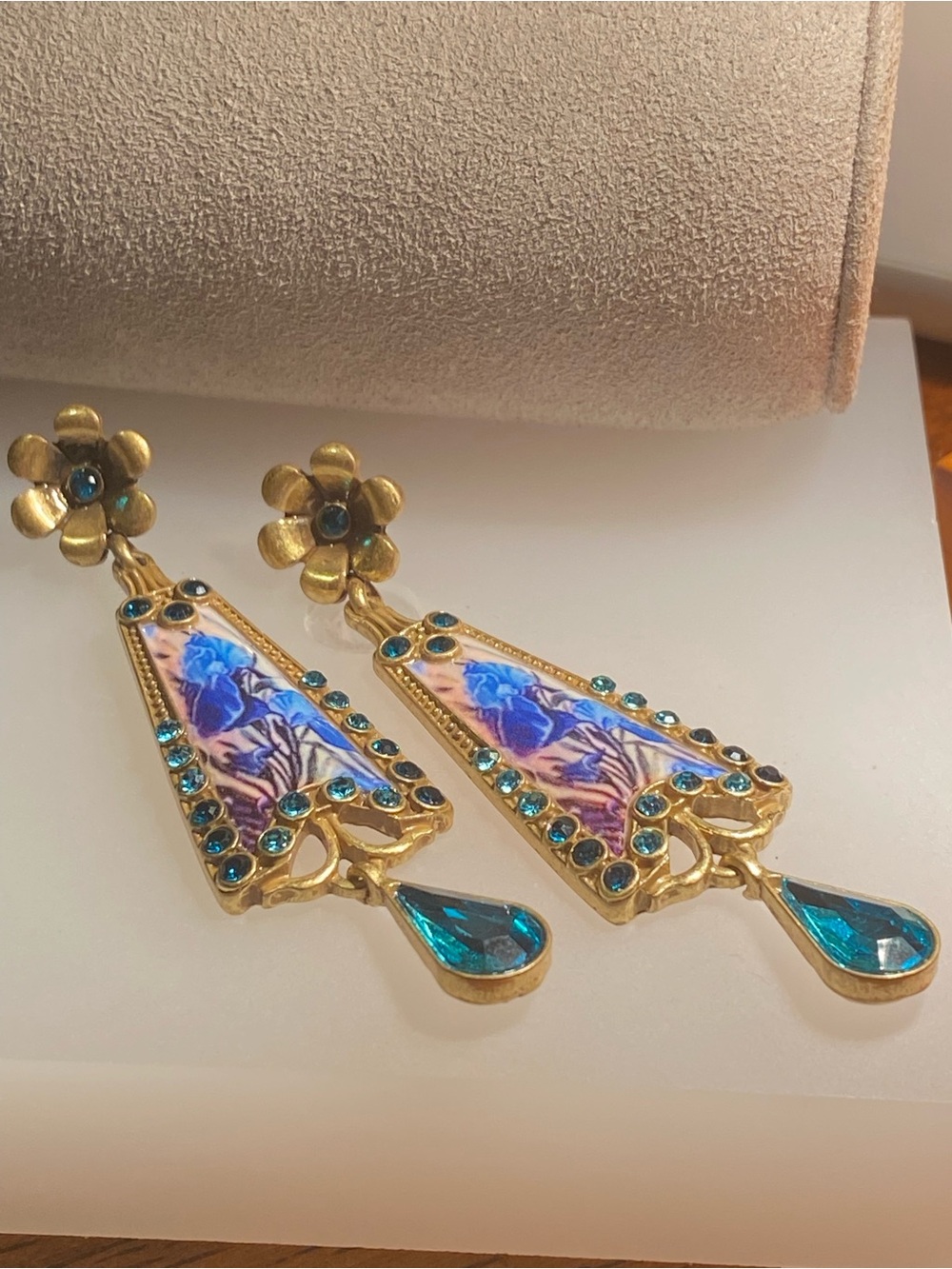 Gold Tone Enameled Floral Motif Dangle Earrings